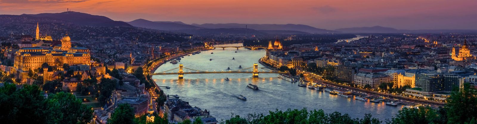 Budapest and the Danube at dusk with the Chain Bridge lit up